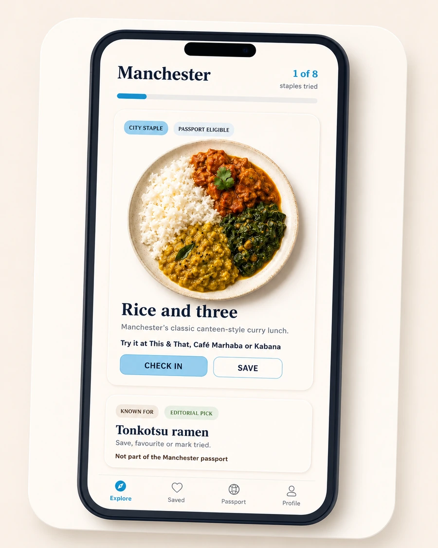 Tripetite app preview showing Rice and Three as a Manchester passport staple and tonkotsu ramen as a general known-for dish